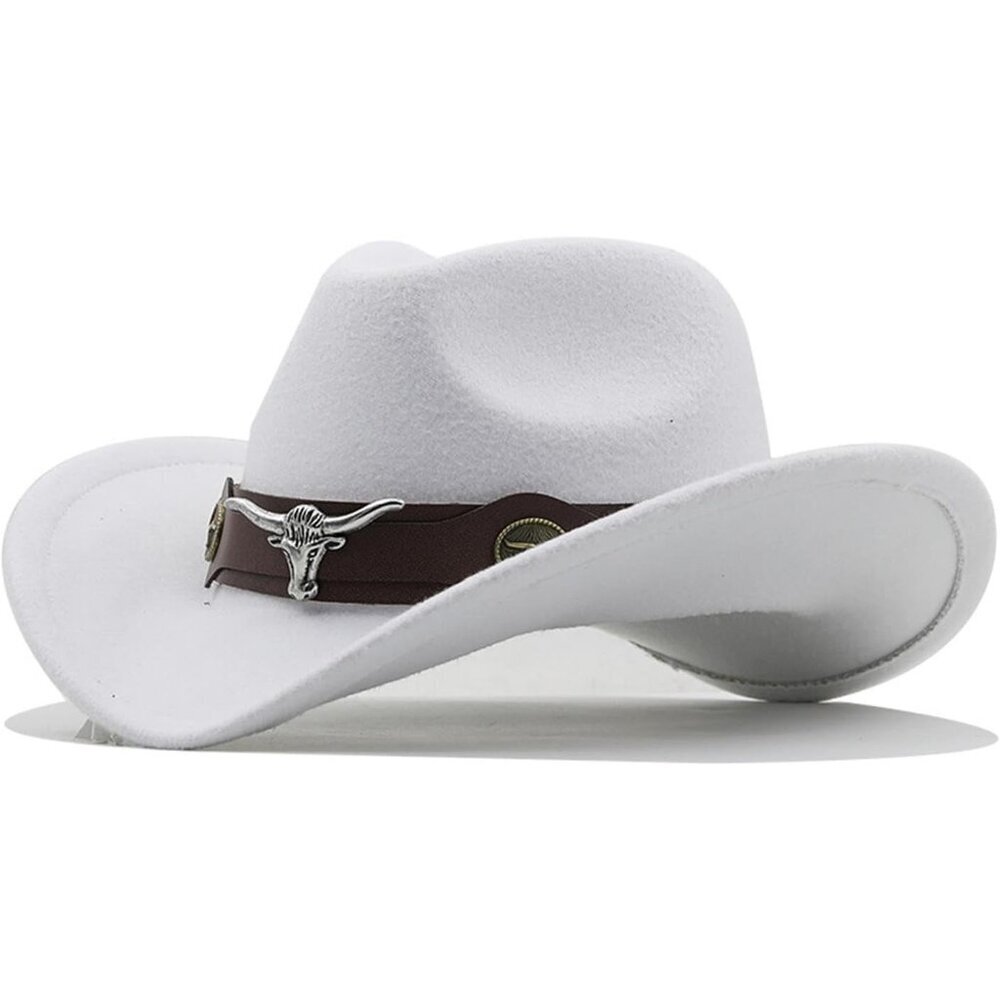 Unisex White 100% Polyester Bull Skull Band Classic Fedora Felt Cowboy Hat